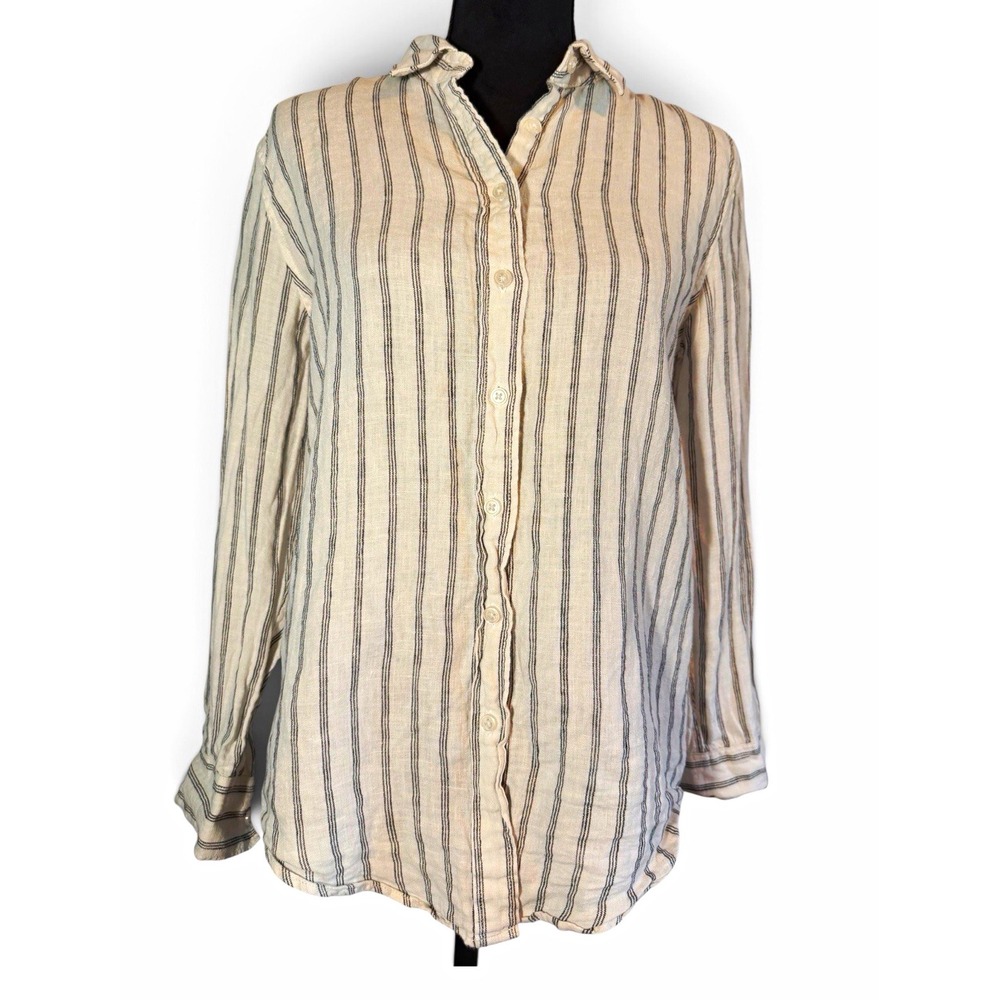 Quince Women's Linen Striped Long Sleeve Button-Up Shirt Beige/Black Preppy S